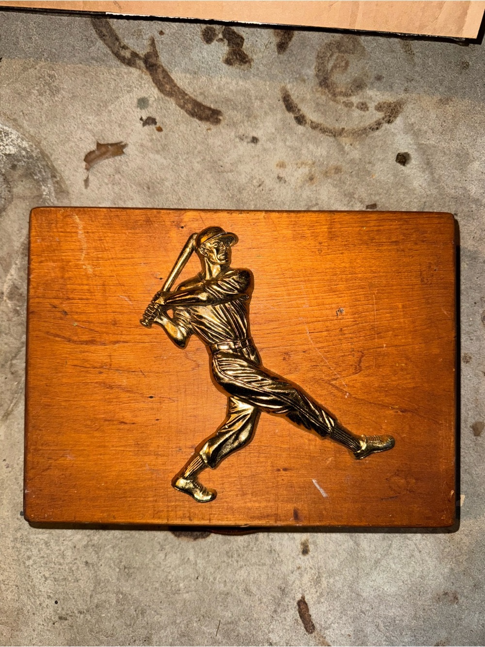 Vintage Wooden Baseball Player Relief Trinket Box with Compartmented Interior